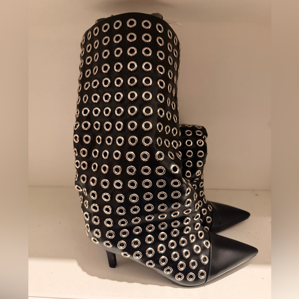 Black Grommet-Stud Mid-Calf Pointed Toe Heels